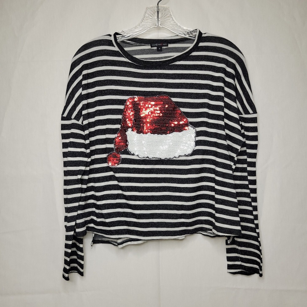 Women's Striped, Long Sleeve, Cropped Sequin Santa Hat - Christmas Holiday Shirt